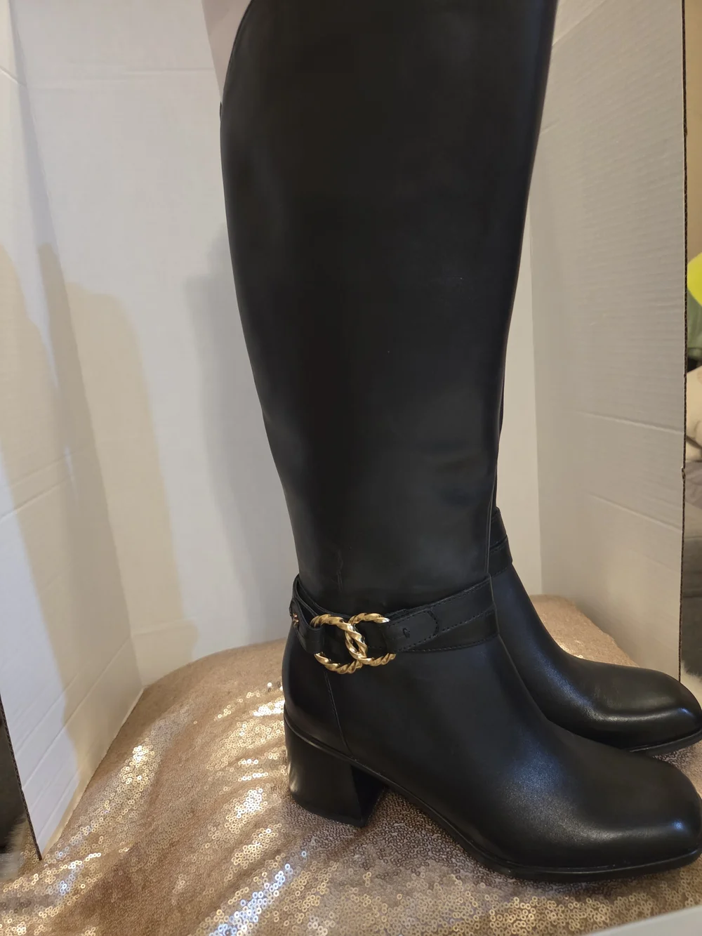 Naturalizer Black Over-the-Knee Leather Boots with Chain Accent